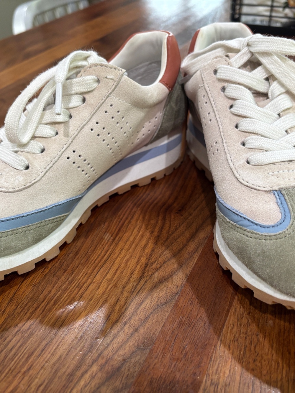 Ralph Lauren Beige, Light Blue & Olive Kids Suede Sneakers with Tan Heel Accent